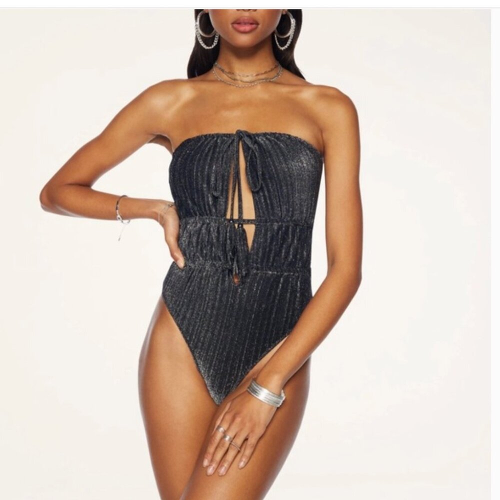 NWT Ramy Brook Knit Marta Plunge One Piece Swimsuit- black shimmer sz M